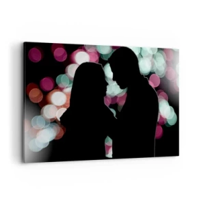 Impression sur toile - Image sur toile - Silhouettes d'un couple sur fond de lumières bokeh colorées - 120x80cm - Oui! - Décoration murale moderne pour le salon et la chambre ARTTOR