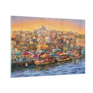 Impression sur verre - Image sur verre - Un port coloré avec des bateaux et un panorama de la ville au coucher du soleil - 100x70cm - Conte d'Istanbul - Décoration murale moderne pour le salon et la chambre ARTTOR