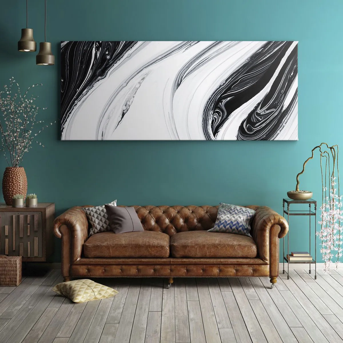 Impression sur toile - Image sur toile - Abstraction en noir et blanc avec des lignes et des tourbillons dynamiques - 160x50cm - Une combinaison d'opposés - Décoration murale moderne pour le salon et la chambre ARTTOR
