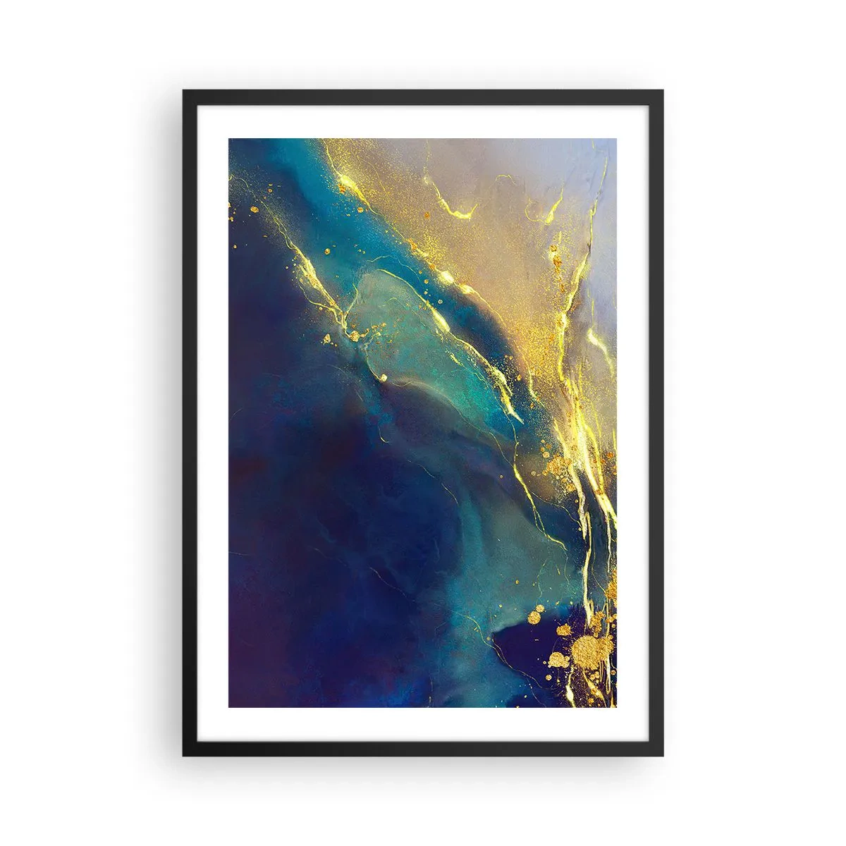 Affiche dans un cadre noir - Poster - Une composition abstraite dans les tons bleu marine et or - 50x70cm - Coulée d'or - Décoration murale moderne pour le salon et la chambre ARTTOR