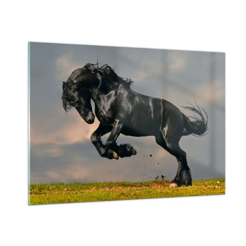 Impression sur verre - Image sur verre - Un cheval noir dans un saut dynamique contre un ciel nuageux - 100x70cm - Beau et libre - Décoration murale moderne pour le salon et la chambre ARTTOR