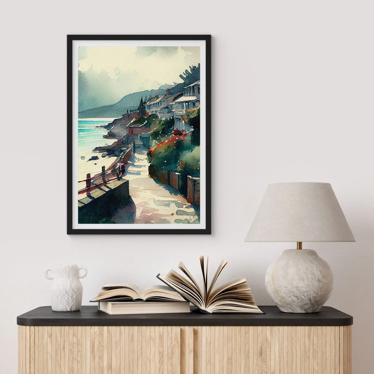 Affiche dans un cadre noir - Poster - Un sentier pittoresque en bord de mer dans un style aquarelle - 50x70cm - Ville méditerranéenne - Décoration murale moderne pour le salon et la chambre ARTTOR