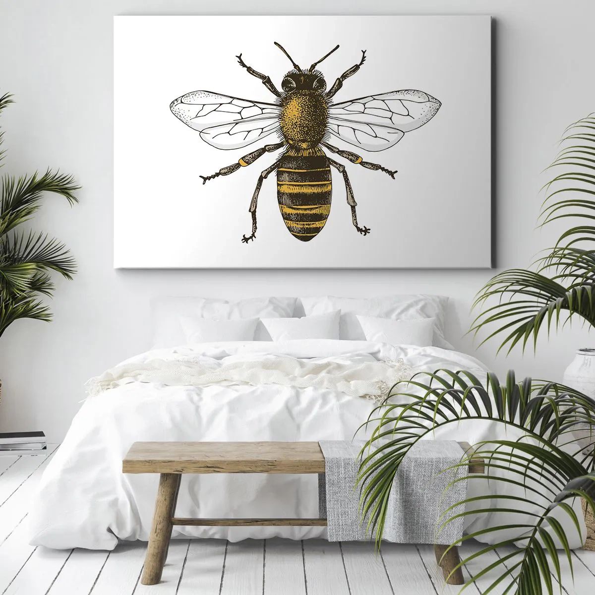 Impression sur toile - Image sur toile - Illustration détaillée d'une abeille sur fond blanc - 100x70cm - Belle et bonne - Décoration murale moderne pour le salon et la chambre ARTTOR