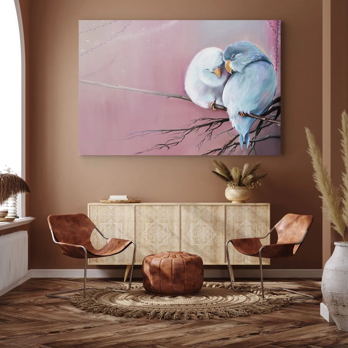Impression sur toile - Image sur toile - Deux oiseaux amoureux sur une branche sur fond rose - 100x70cm - Que dire de plus?... - Décoration murale moderne pour le salon et la chambre ARTTOR