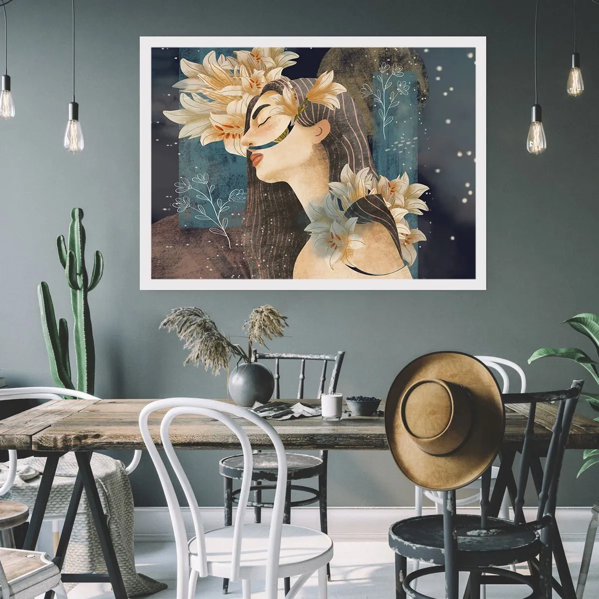 Affiche - Poster - Portrait d'une femme avec des fleurs dans un style artistique sur fond sombre - 100x70cm - Conte de fée sur la princesse lilas - Décoration murale moderne pour le salon et la chambre ARTTOR