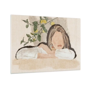 Impression sur verre - Image sur verre - Une femme appuyée sur une table parmi les branches d'un citronnier, le visage sans traits. - 70x50cm - La beauté du sud - Décoration murale moderne pour le salon et la chambre ARTTOR