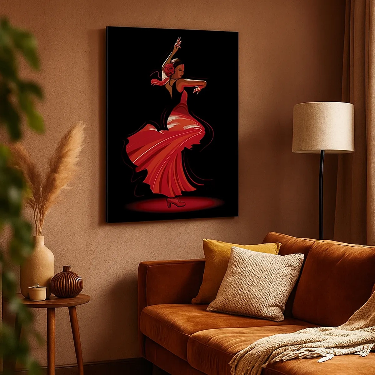 Impression sur toile - Image sur toile - Danseuse de flamenco en robe rouge sur fond noir - 50x70cm - L'esprit fougueux du flamenco - Décoration murale moderne pour le salon et la chambre ARTTOR