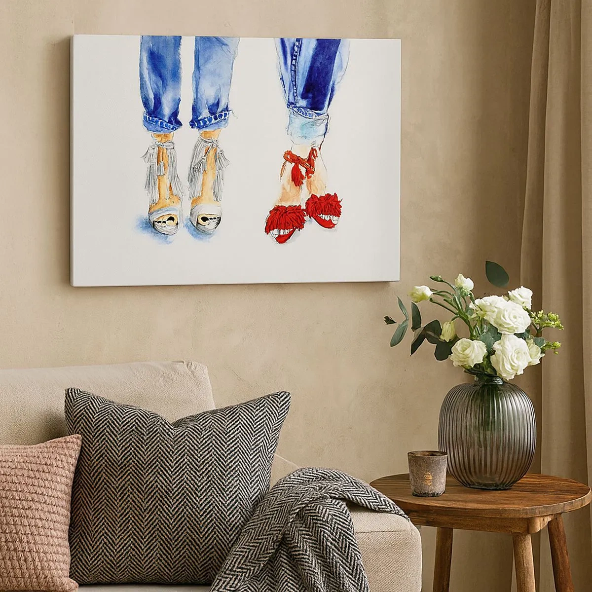 Impression sur toile - Image sur toile - Illustration de deux paires de chaussures dans des sandales élégantes et un jean - 70x50cm - Peut-être irons-nous nous promener? - Décoration murale moderne pour le salon et la chambre ARTTOR