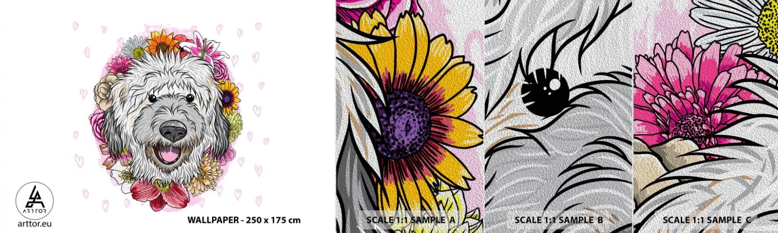 Échantillon de Papier Peint Premium Sand - La joie du chiot - Abstraction, Chien, Pour les enfants - 100x30 cm