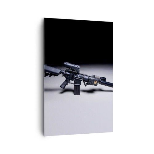 Impression sur toile - Image sur toile - Un fusil moderne en noir sur fond sombre - 80x120cm - Chevalier ténébreux - Décoration murale moderne pour le salon et la chambre ARTTOR