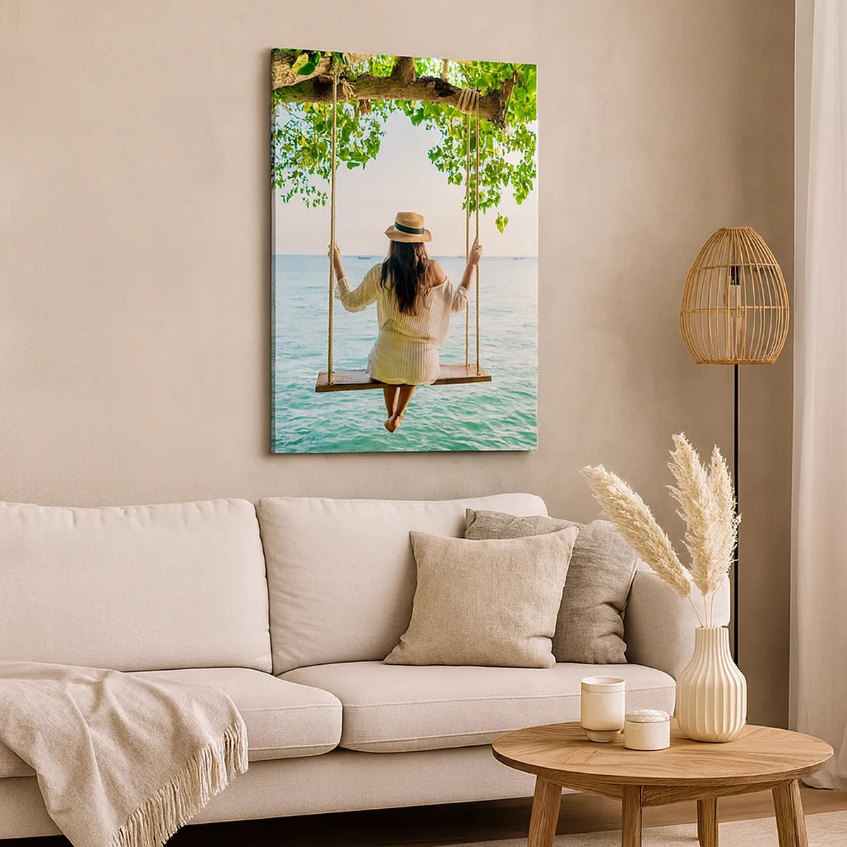 Impression sur toile - Image sur toile - Femme sur une balançoire au bord de la mer dans un paysage tropical - 50x70cm - La vie est belle - Décoration murale moderne pour le salon et la chambre ARTTOR