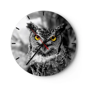 Horloge murale - Pendule murale - Un hibou aux yeux jaunes sur fond noir et blanc - 30x30cm - Rien ne se cachera - Décoration murale moderne pour le salon, la cuisine et la chambre ARTTOR