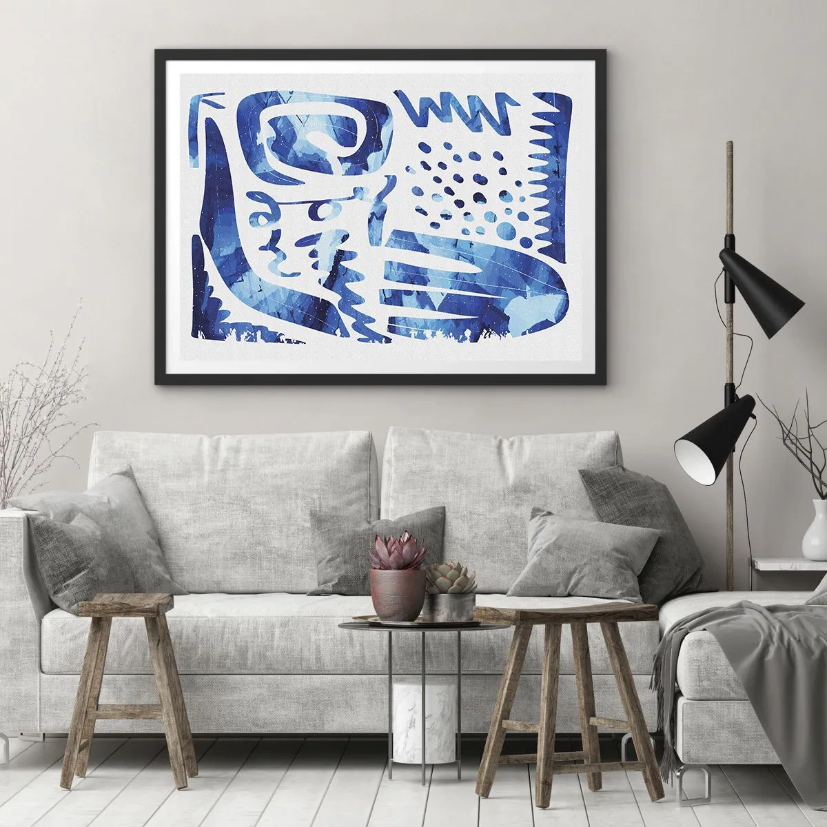 Affiche dans un cadre noir - Poster - Motif abstrait dans les tons de bleu - 70x50cm - Retour aux racines - Décoration murale moderne pour le salon et la chambre ARTTOR