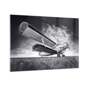 Impression sur verre - Image sur verre - Une photographie en noir et blanc d'un avion sur fond de ciel dramatique. - 100x70cm - Le pèlerin ailé - Décoration murale moderne pour le salon et la chambre ARTTOR