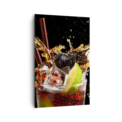 Impression sur toile - Image sur toile - Un verre de boisson, citron vert et glace au moment des éclaboussures dynamiques - 80x120cm - Joie et énergie des couleurs - Décoration murale moderne pour le salon et la chambre ARTTOR