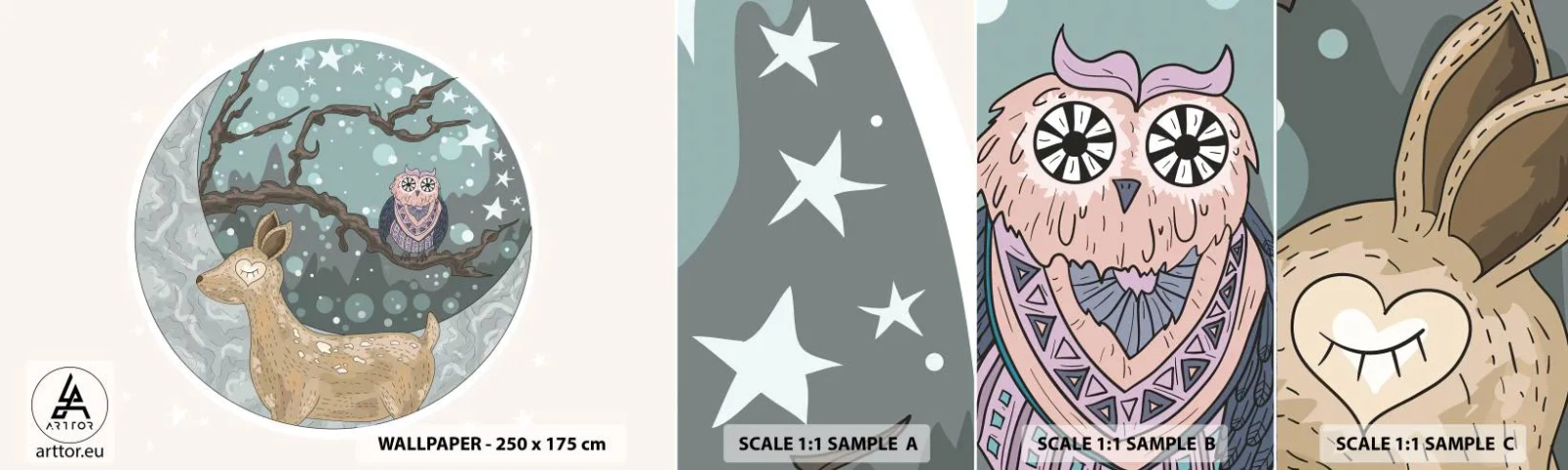 Échantillon De Papier Peint Standard Eco - Une nuit de conte de fées en forêt - Pour les enfants, Graphique, Étoiles - 100x30 cm