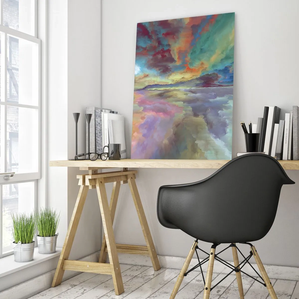 Impression sur verre - Image sur verre - Des nuages colorés se reflètent dans l'eau à l'horizon - 50x70cm - Deux paradis - Décoration murale moderne pour le salon et la chambre ARTTOR