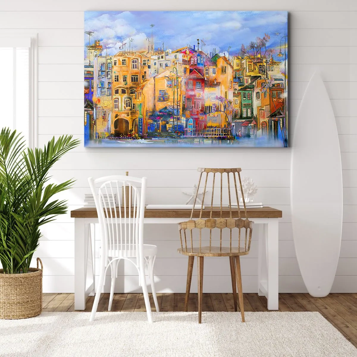 Impression sur toile - Image sur toile - Bâtiments urbains colorés dans un style artistique - 70x50cm - Nous sommes ensemble - Décoration murale moderne pour le salon et la chambre ARTTOR