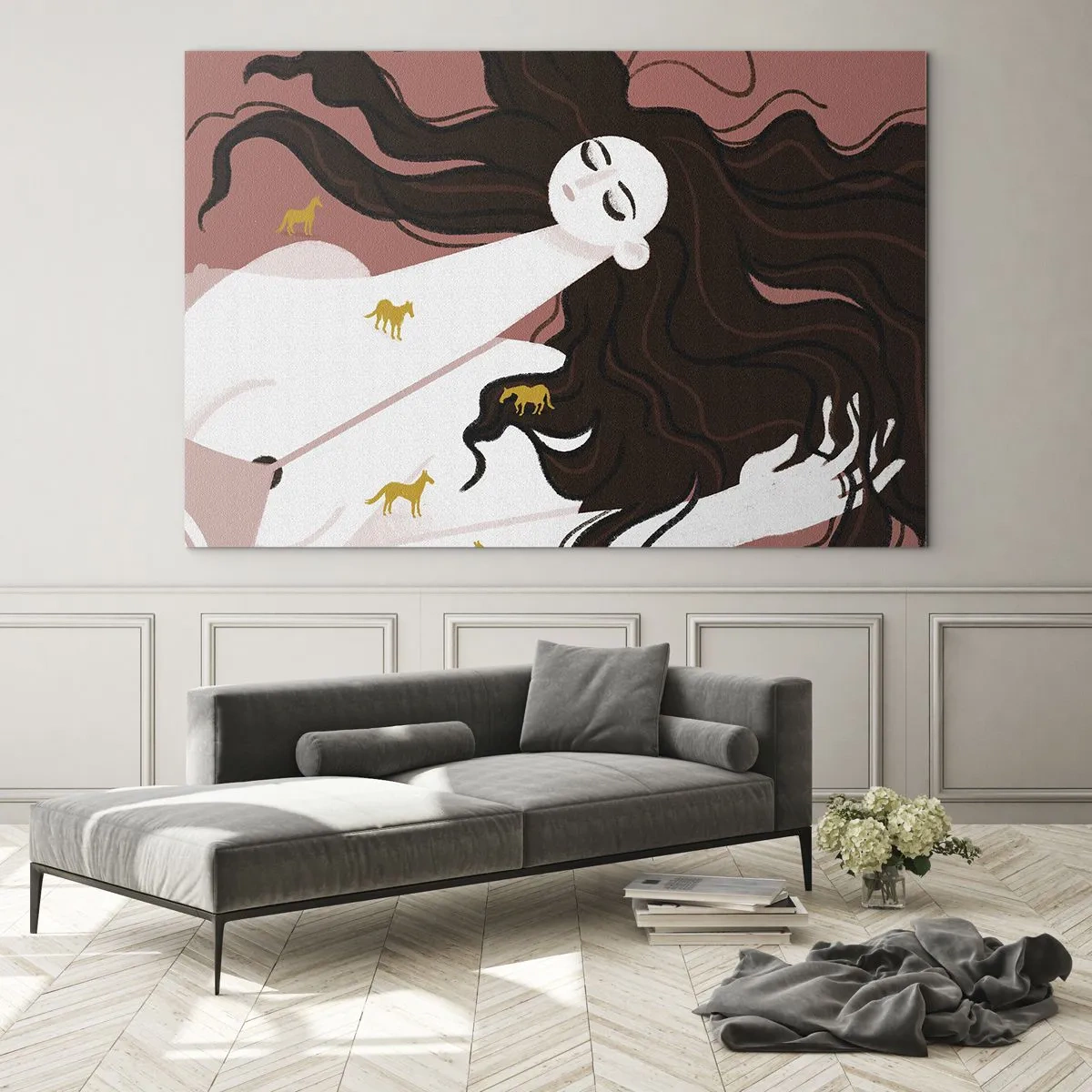Impression sur verre - Image sur verre - Une femme aux cheveux longs et aux chevaux dorés sur fond rose. - 70x50cm - Rêve d'un cheval d'or - Décoration murale moderne pour le salon et la chambre ARTTOR