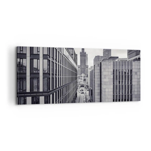 Impression sur toile - Image sur toile - Panorama de Varsovie avec vue sur le Palais de la Culture et les bâtiments environnants - 120x50cm - Vallée de Varsovie - Décoration murale moderne pour le salon et la chambre ARTTOR