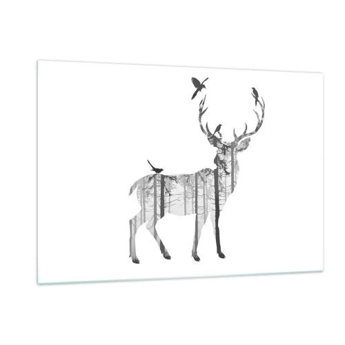 Impression sur verre - Image sur verre - Silhouette graphique d'un cerf avec un motif de forêt et d'oiseaux - 120x80cm - La bonne âme de la forêt - Décoration murale moderne pour le salon et la chambre ARTTOR