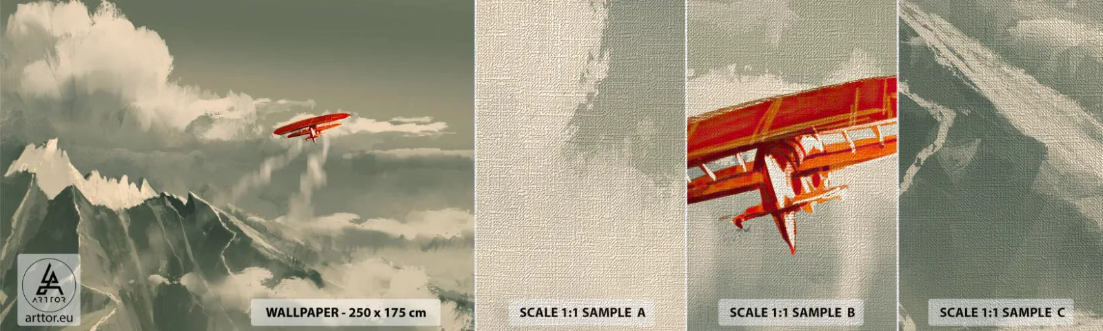 Échantillon de Papier Peint Premium Canvas - Pionnier intrépide - Abstraction, Avion, Paysage de montagne - 100x30 cm