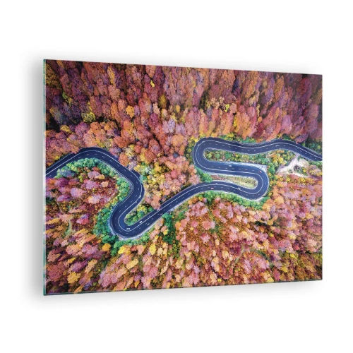 Impression sur verre - Image sur verre - Vue aérienne d'une route sinueuse parmi les arbres d'automne colorés - 70x50cm - Route sinueuse à travers la forêt - Décoration murale moderne pour le salon et la chambre ARTTOR