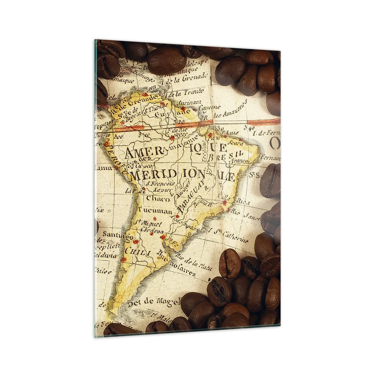 Impression sur verre - Image sur verre - Une carte de l'Amérique du Sud entourée de grains de café. - 50x70cm - D'où vient le meilleur café ? - Décoration murale moderne pour le salon et la chambre ARTTOR