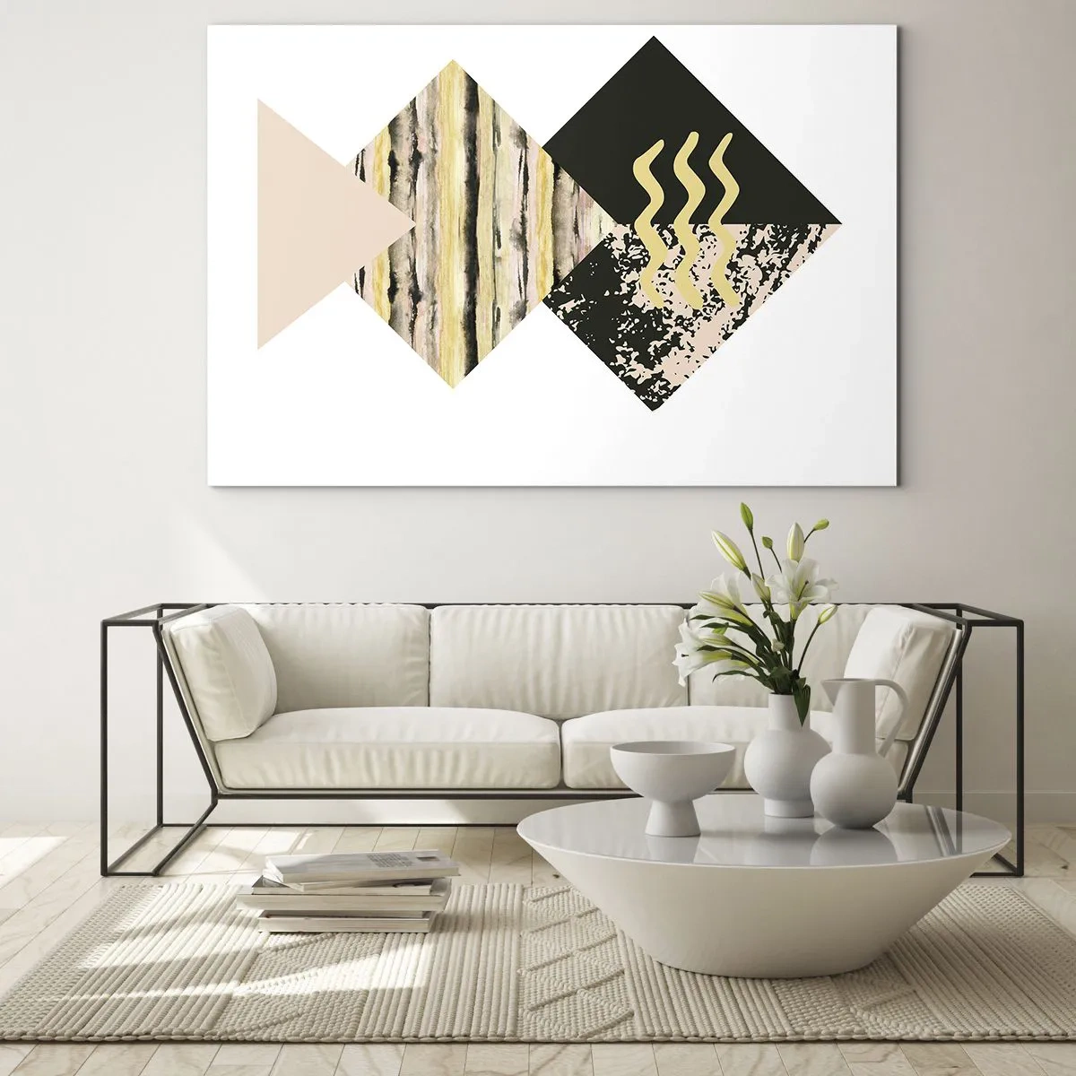 Impression sur verre - Image sur verre - Composition géométrique abstraite avec des triangles et des textures - 120x80cm - Pas si simple - Décoration murale moderne pour le salon et la chambre ARTTOR