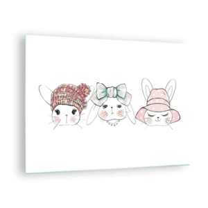 Impression sur verre - Image sur verre - Des lapins mignons avec des chapeaux et des nœuds - 70x50cm - Pensif, triste, satisfait - Décoration murale moderne pour le salon et la chambre ARTTOR