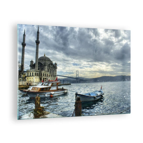 Impression sur verre - Image sur verre - Vue de la mosquée, du pont et des bateaux sur le quai - 70x50cm - Aux confins des mondes - Décoration murale moderne pour le salon et la chambre ARTTOR