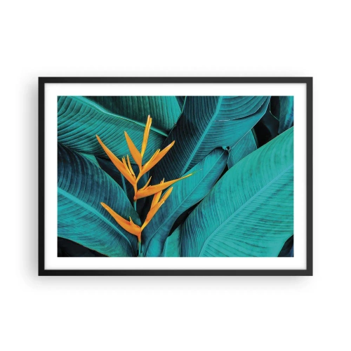 Affiche dans un cadre noir - Poster - Une fleur exotique sur fond de feuilles de bananier aux tons turquoise. - 70x50cm - Fleur d'Eden - Décoration murale moderne pour le salon et la chambre ARTTOR