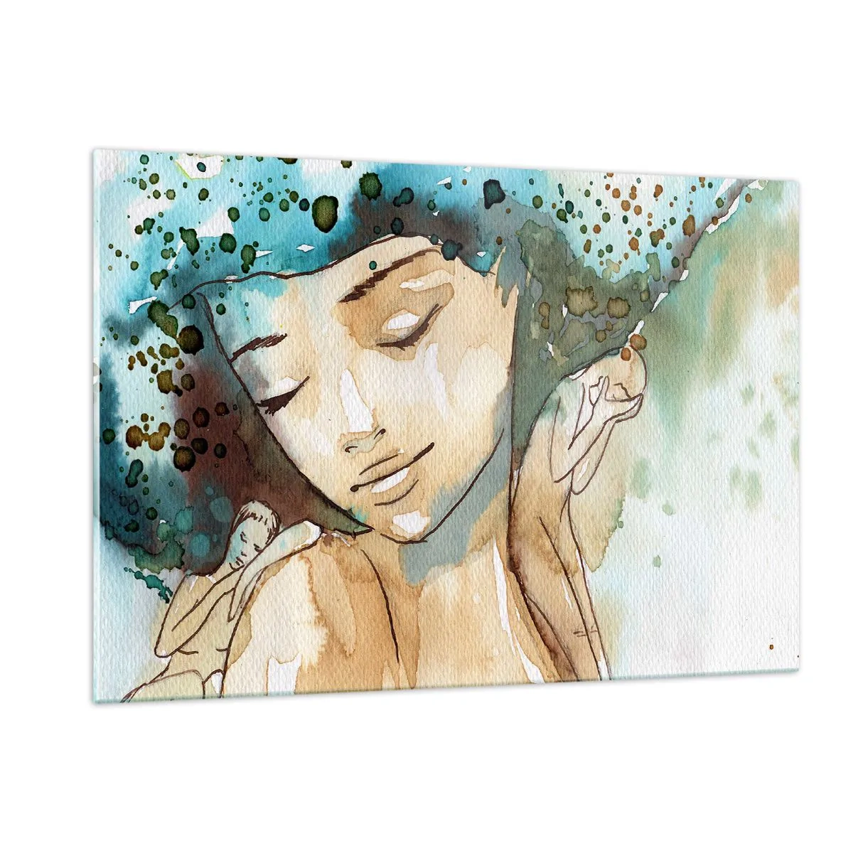 Impression sur verre - Image sur verre - Portrait à l'aquarelle d'une femme aux yeux fermés - 120x80cm - Lady in blue - Décoration murale moderne pour le salon et la chambre ARTTOR