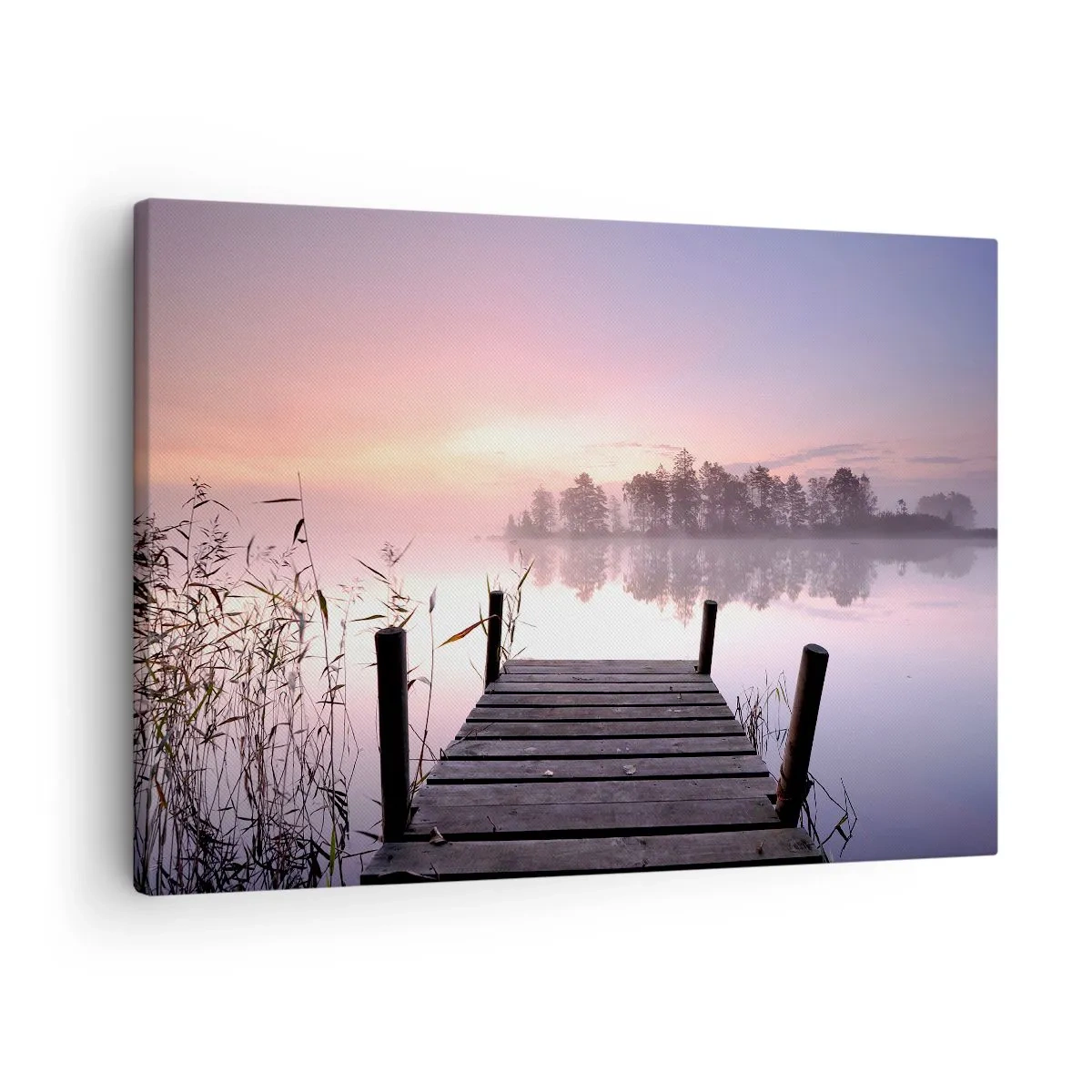 Impression sur toile - Image sur toile - Une jetée au bord du lac à l'aube avec du brouillard et un ciel pastel - 70x50cm - De la brume lilas… - Décoration murale moderne pour le salon et la chambre ARTTOR