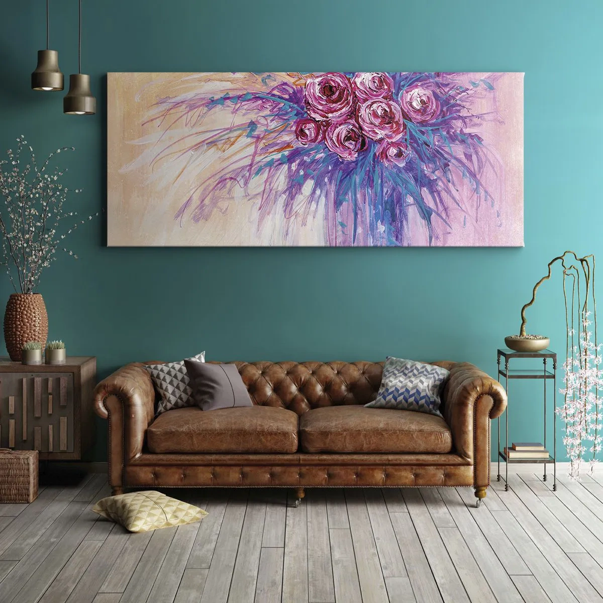 Impression sur toile - Image sur toile - Un bouquet de roses aux couleurs pastel - 160x50cm - Fontaine aux roses - Décoration murale moderne pour le salon et la chambre ARTTOR