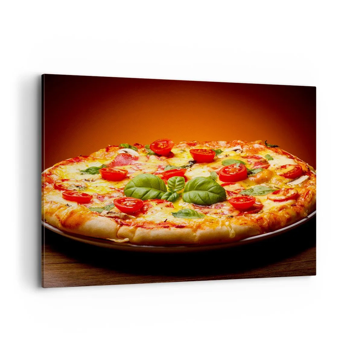 Impression sur toile - Image sur toile - Pizza aux tomates et au basilic sur une table en bois - 100x70cm - Mamma mia! - Décoration murale moderne pour le salon et la chambre ARTTOR