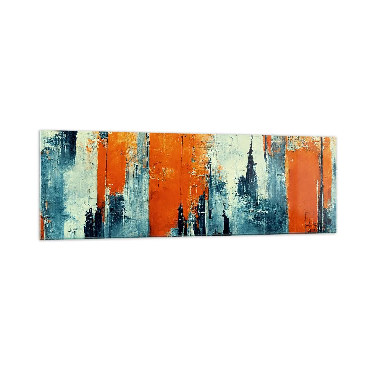 Impression sur verre - Image sur verre - Paysage urbain abstrait dans des tons orange et bleu - 160x50cm - Paysage moderne - Décoration murale moderne pour le salon et la chambre ARTTOR