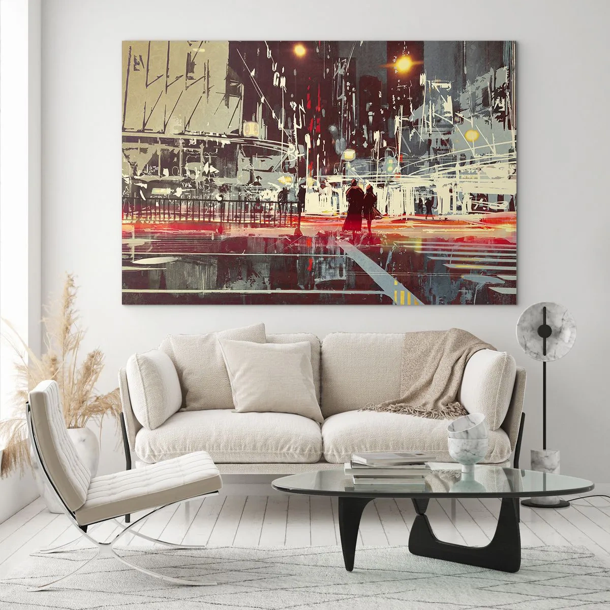 Impression sur verre - Image sur verre - Paysage urbain nocturne avec néons et silhouettes de passants - 70x50cm - Une grande traversée de ville - Décoration murale moderne pour le salon et la chambre ARTTOR