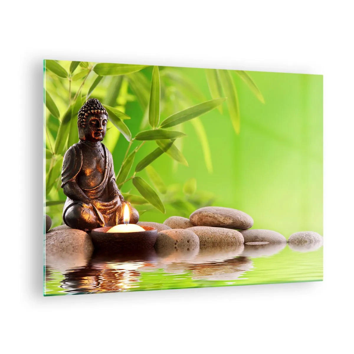 Impression sur verre - Image sur verre - Une figure de Bouddha avec une bougie allumée dans un cadre verdoyant - 70x50cm - La vie est belle - Décoration murale moderne pour le salon et la chambre ARTTOR
