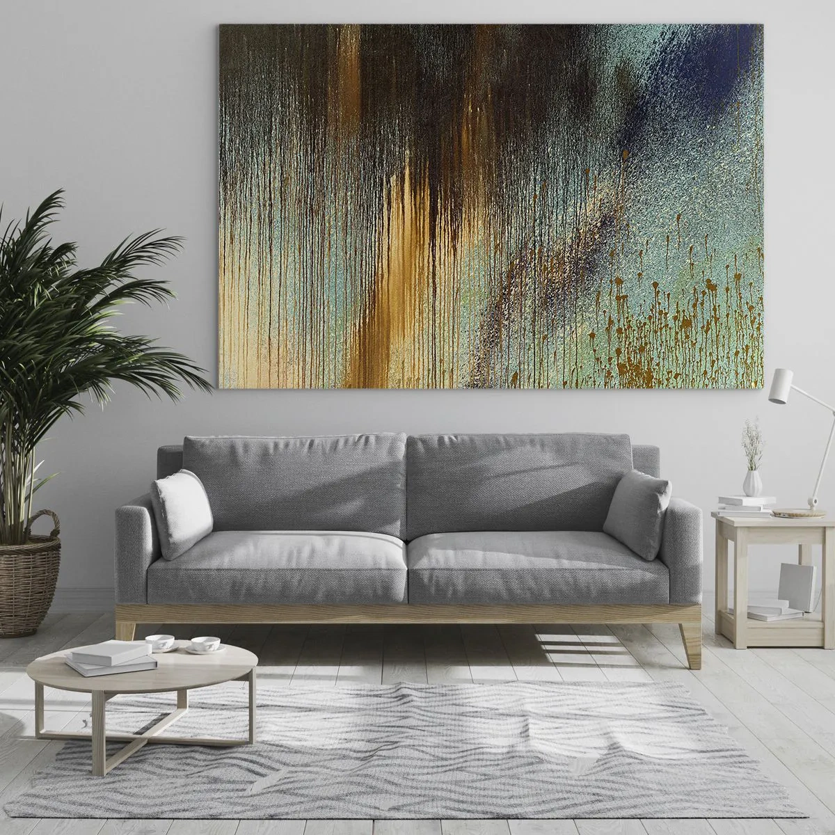 Impression sur verre - Image sur verre - Lignes et taches abstraites en or, bleu et noir - 70x50cm - Une composition de couleirs non fortuite - Décoration murale moderne pour le salon et la chambre ARTTOR