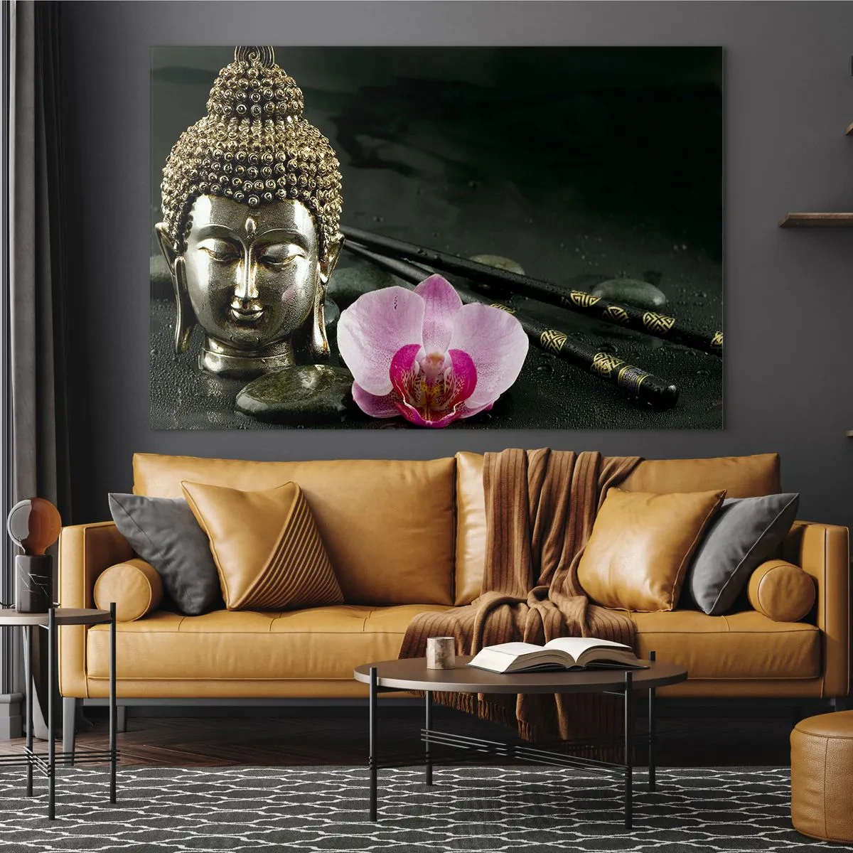 Impression sur verre - Image sur verre - Tête bouddhiste avec une fleur rose sur un fond de pierres - 120x80cm - Harmonie de la sagesse et de la beauté - Décoration murale moderne pour le salon et la chambre ARTTOR