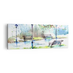 Impression sur toile - Image sur toile - Scène de parc à l'aquarelle avec bancs et lampes - 140x50cm - Le charme du silence d'un parc - Décoration murale moderne pour le salon et la chambre ARTTOR