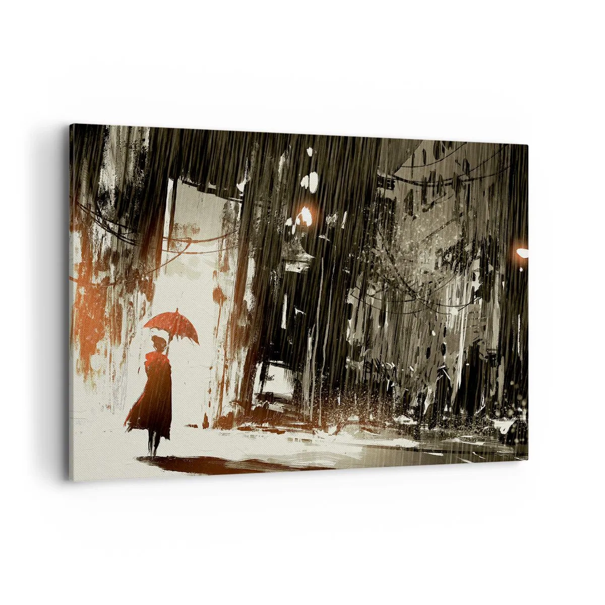 Impression sur toile - Image sur toile - Une figure rouge avec un parapluie dans une scène pluvieuse - 100x70cm - La poésie du parapluie rouge - Décoration murale moderne pour le salon et la chambre ARTTOR