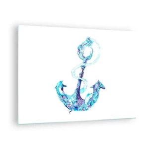 Impression sur verre - Image sur verre - Ancre avec des motifs nautiques dans un style artistique - 70x50cm - Le confident des secrets de la mer - Décoration murale moderne pour le salon et la chambre ARTTOR