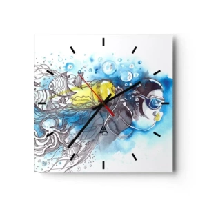 Horloge murale - Pendule murale - Scène sous-marine avec un plongeur et des poissons exotiques - 30x30cm - Le grand bleu - Décoration murale moderne pour le salon et la chambre ARTTOR