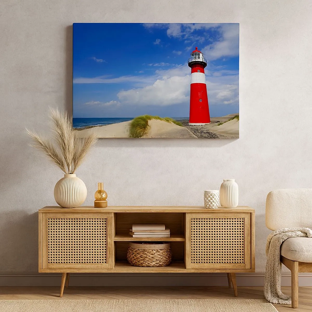 Impression sur toile - Image sur toile - Phare rouge sur la plage sous un ciel bleu - 70x50cm - Rêve de solitude - Décoration murale moderne pour le salon et la chambre ARTTOR