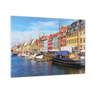 Impression sur verre - Image sur verre - Maisons colorées au bord des canaux de Copenhague - 100x70cm - Quai joyeux - Décoration murale moderne pour le salon et la chambre ARTTOR