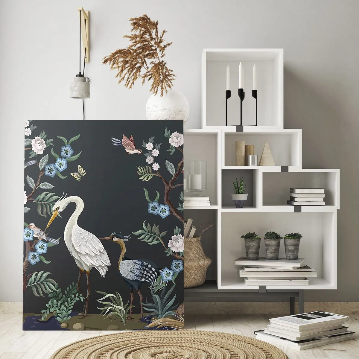 Impression sur verre - Image sur verre - Oiseaux colorés parmi des branches fleuries sur un fond sombre - 50x70cm - Parade d'oiseaux - Décoration murale moderne pour le salon et la chambre ARTTOR