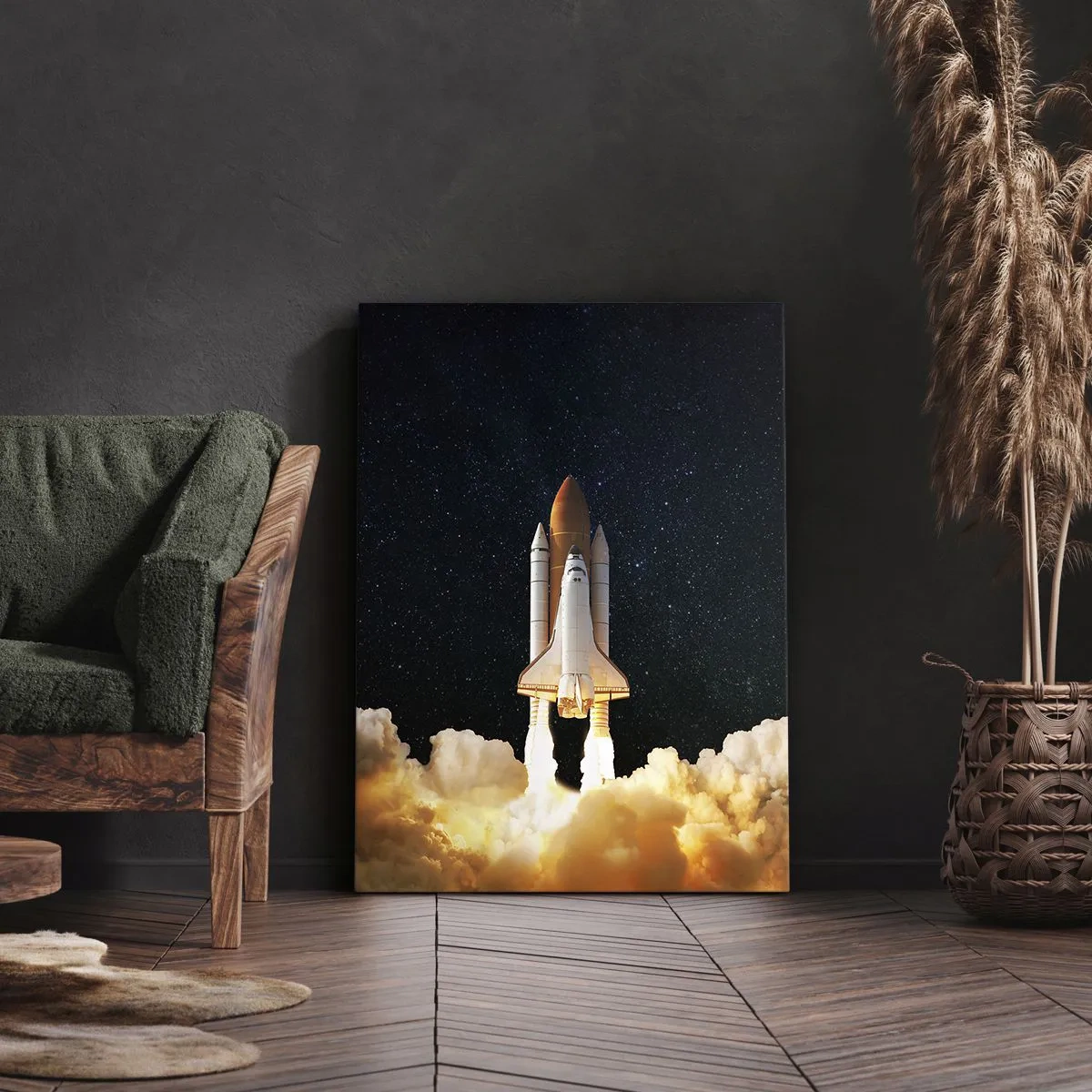 Impression sur toile - Image sur toile - Une fusée spatiale décollant dans le ciel étoilé - 80x120cm - Ad astra! - Décoration murale moderne pour le salon et la chambre ARTTOR