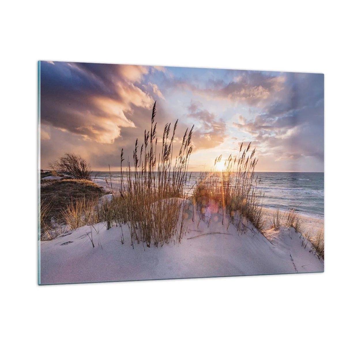 Impression sur verre - Image sur verre - Coucher de soleil sur la mer vu à travers les herbes du bord de mer - 120x80cm - Salutations du soleil et du vent - Décoration murale moderne pour le salon et la chambre ARTTOR